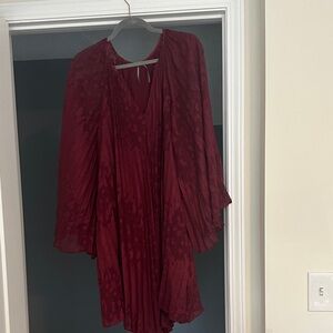 Anthropologie Burgundy Long Sleeve Pleated Retro Dress